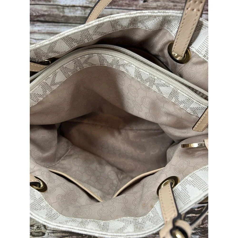 Michael Kors Large Jet Set Monogram Tote Cream & Tan Canvas Leather Shoulder Bag